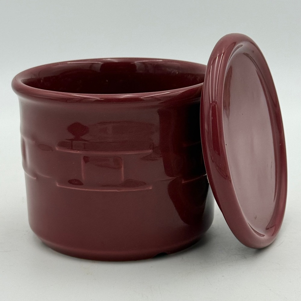 Longaberger Pottery Woven Traditions Custard Cup with Lid Heritage Red USA Made